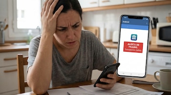 Mujer preocupada mira su celular en la cocina tras recibir alerta de fraude en aplicación bancaria.