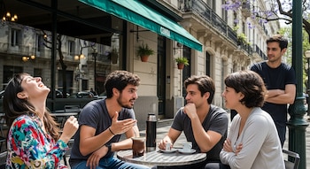 Cinco jóvenes adultos conversan en la terraza de un café. Una mujer ríe, dos hombres discuten, y otro observa. Hay mate, termo y tazas de café sobre la mesa.