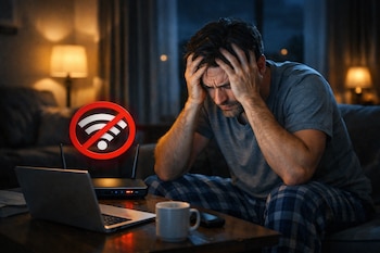 Hombre sentado en una sala de estar por la noche, con las manos en la cabeza y un símbolo de WiFi bloqueado frente a un portátil.