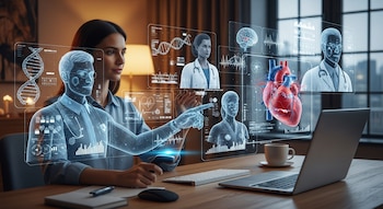 Una mujer trabaja en una laptop frente a proyecciones holográficas de avatares médicos, datos de ADN, cerebros, corazones y gráficos de salud.