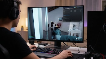 Vista trasera de un joven con auriculares jugando Hitman 3 en una computadora de escritorio con monitor grande, teclado gamer y ratón.