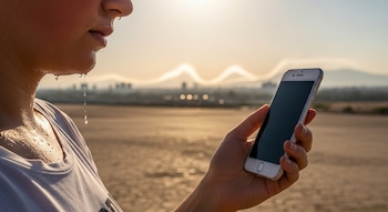 Primer plano de una persona sudando visiblemente en el rostro y cuello. Sostiene un iPhone blanco con pantalla apagada en un entorno exterior iluminado por el sol.
