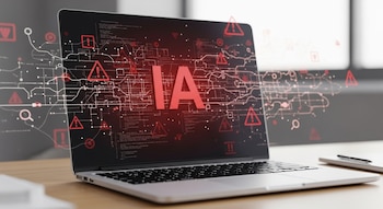 Ilustración realista de una computadora portátil en un escritorio con "IA" en rojo en la pantalla, junto a código desordenado y símbolos de advertencia.