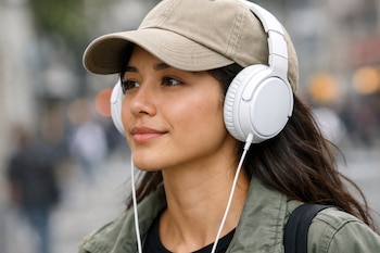Primer plano de una joven con gorra beige y auriculares blancos con cable, escuchando música. Su rostro está en perfil, con cabello oscuro y chaqueta verde.