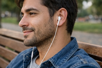 Primer plano de un hombre sonriente con barba, usando auriculares blancos con cable en su oído derecho, sentado en un banco de madera en un parque.
