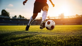 Jugador de fútbol, movimiento con balón, cancha deportiva, juego activo, técnica de disparo, energía y esfuerzo físico. - (Imagen Ilustrativa Infobae)
