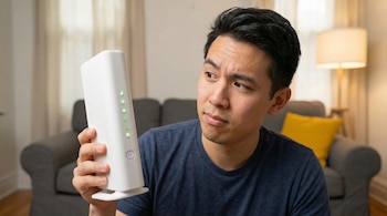 Hombre sostiene un modem wifi blanco con luces encendidas sentado en una sala hogareña.