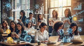 Diez mujeres latinoamericanas de diversas edades trabajan en laptops y tablets en un moderno coworking, con gráficos flotantes de IA y criptomonedas.