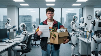 Un joven con expresión triste, llorando, sostiene una carta de despido y una caja con objetos personales en una oficina moderna. Robots humanoides trabajan en escritorios a su alrededor.