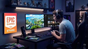 Un hombre con auriculares juega en una configuración de PC con dos monitores y un teclado iluminado, con un letrero del logo de Epic Games Store en la pared.
