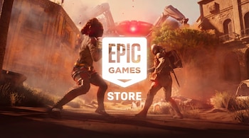 El logo blanco de Epic Games Store sobre una escena de videojuego con dos personajes, un robot araña gigante, y edificios destruidos bajo un cielo anaranjado.
