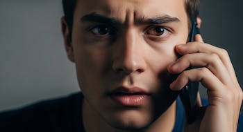 Primer plano de un usuario joven preocupado sosteniendo su celular cerca del rostro.