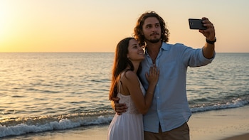 Pareja tomándose una selfie en la playa con el atardecer de fondo - (Imágen Ilustrativa Infobae)