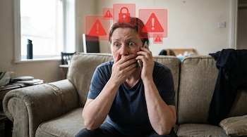Mujer sentada en un sofá viejo, con rostro de preocupación y la mano sobre la boca, hablando por teléfono. Sobre su cabeza aparecen iconos digitales rojos de advertencia y candado, simbolizando alerta y peligro de fraude o estafa.