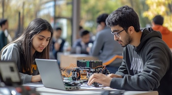 Estudiantes trabajando, proyecto tecnológico, equipo colaborativo, innovación educativa, jóvenes creativos, desarrollo de ideas, aprendizaje práctico - (Imagen Ilustrativa Infobae)