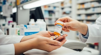 Primer plano de dos manos entregando y recibiendo un frasco de medicamentos y un blíster de pastillas en el mostrador de una farmacia.