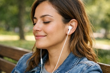 Primer plano de una mujer de cabello castaño sentada en un parque, con los ojos cerrados y una sonrisa leve, escuchando música con auriculares blancos con cable.
