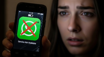 Persona sostiene un teléfono antiguo con pantalla rota que muestra el logo de WhatsApp tachado y un mensaje de servicio no disponible.
